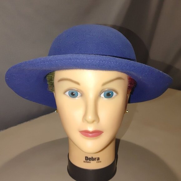 Georgette Doeskin Felt Bowler Wool New York Blue Hat Made In USA Vintage Ribbon - Picture 7 of 10
